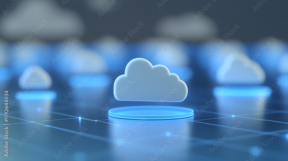 Poster digital cloud storage concept with abstract clouds and glowing circular platforms in a futuristic en