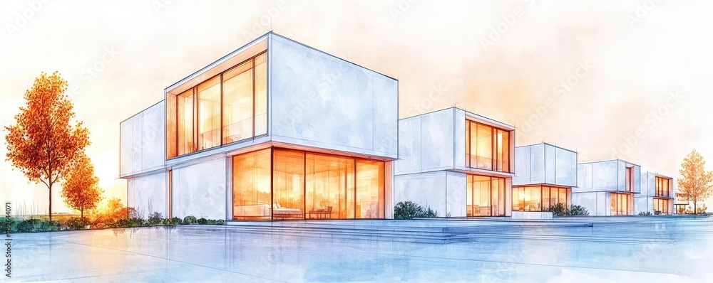 Poster architect project idea. a modern architectural design featuring minimalist buildings with large wind