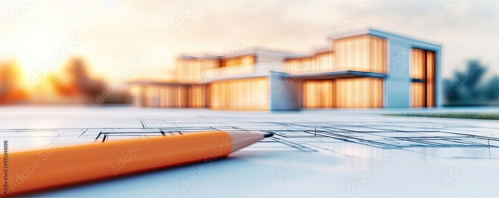 Poster architect project idea. architectural blueprint with a pencil in front of modern building at sunset.