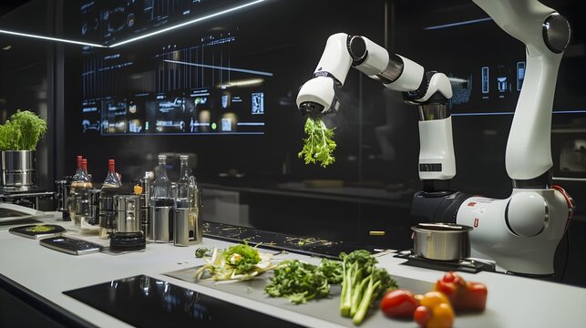 A futuristic kitchen featuring a robot chef using robotic arms to expertly chop vegetables and sauté ingredients. The high-tech environment highlights innovative cooking techniques and the integration