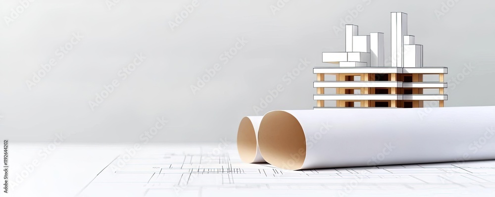 Poster architect project idea. architectural model with blueprints showcasing modern design concepts.
