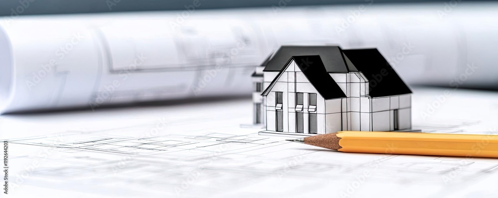 Poster architect project idea. a model house on blueprints with a pencil, symbolizing architecture and desi