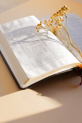 holy bible and cross on the table on pastel background.