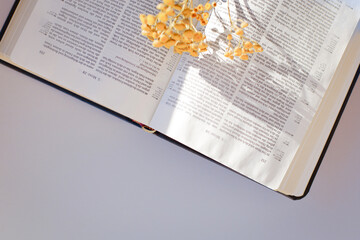 holy bible and cross on the table on pastel background.