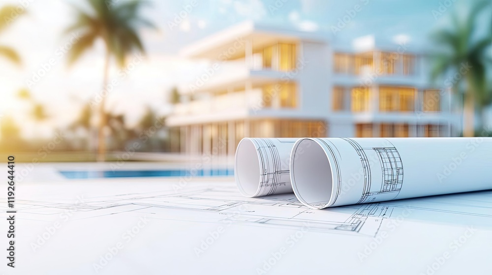 Poster architect project idea. architectural blueprints and design plans with a modern house in the backgro