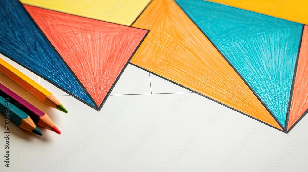 Poster architect sketching concept. vibrant colored pencils creating geometric shapes on a blank canvas for