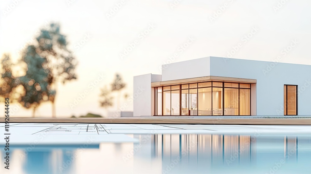 Poster architect project idea. modern architectural design featuring sleek lines and large windows reflecti