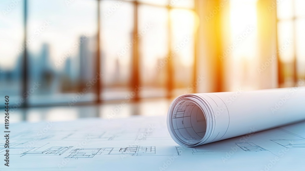 Poster architect project idea. a rolled blueprint on a table with sunlight streaming through large windows.