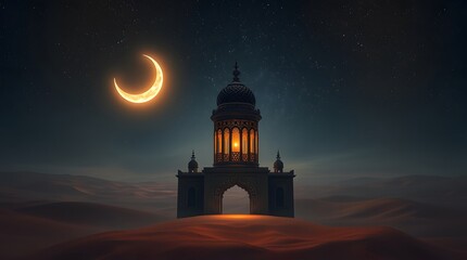 Fototapeta premium Ornate Islamic Lantern Under Crescent Moon in Eerie Night Sky