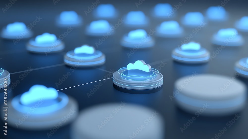 Poster digital cloud technology concept with blue lights and background for network and data management app