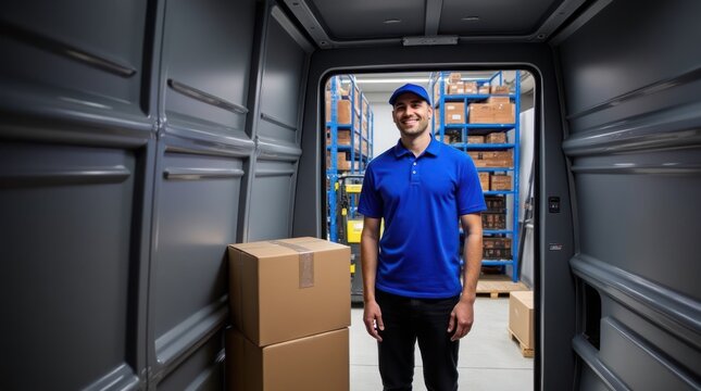 Smiling Delivery Worker in Blue Shirt Stands Inside Cargo Van at Warehouse