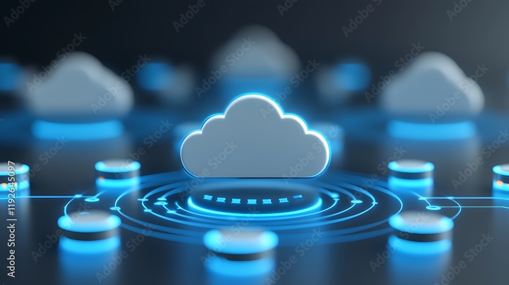 Poster digital cloud technology concept with glowing circles and bright background for data storage visuals