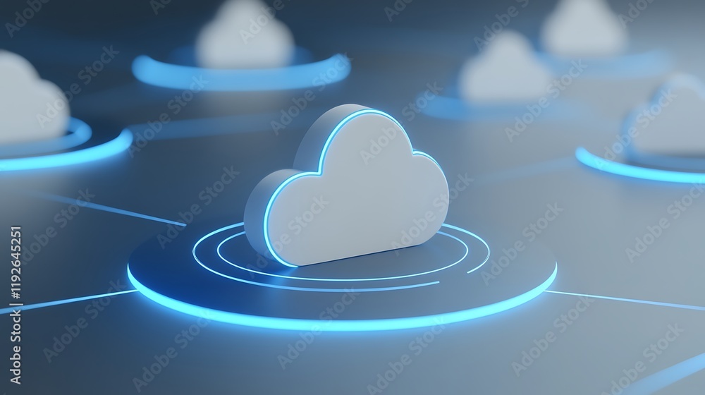 Poster digital cloud technology concept with glowing elements representing data storage and connectivity