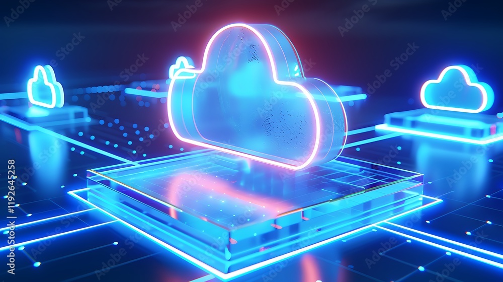 Poster digital cloud technology concept with neon lights and futuristic background in 3d rendered design