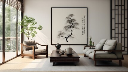 Elegant Chinese Calligraphy Scroll Displayed Prominently on a Living Room Wall Bringing a Sense of Tranquility and Cultural Sophistication to the Space