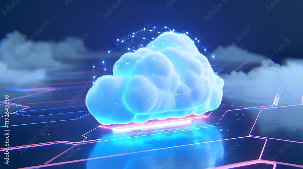 Poster digital cloud technology with glowing lights on a futuristic grid background for modern concept grap