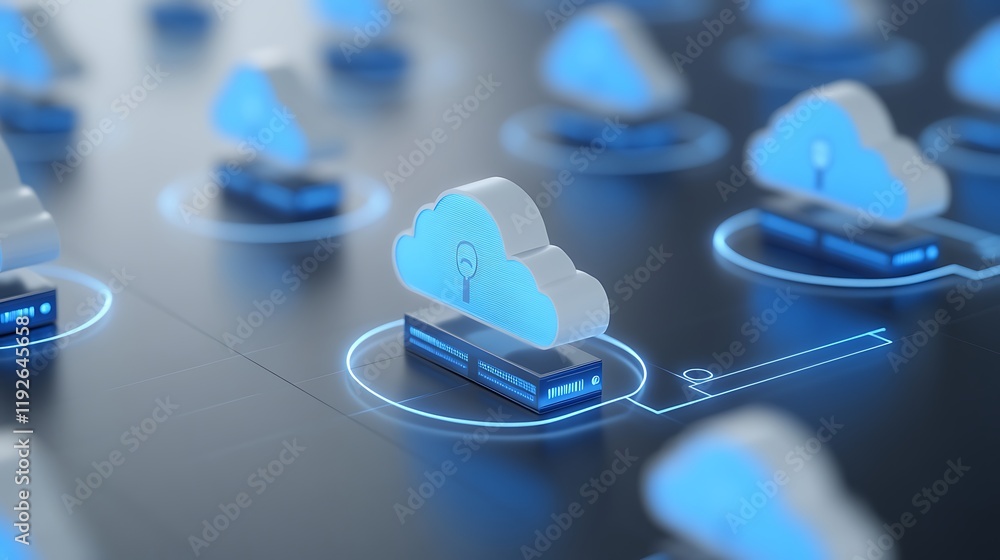 Poster digital illustrations of cloud computing, data storage, server network, and technology connection co