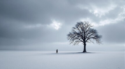 Lonely figure walking towards a bare tree in a snowy field under a dramatic sky. Perfect for themes of solitude, winter, hope, and journey