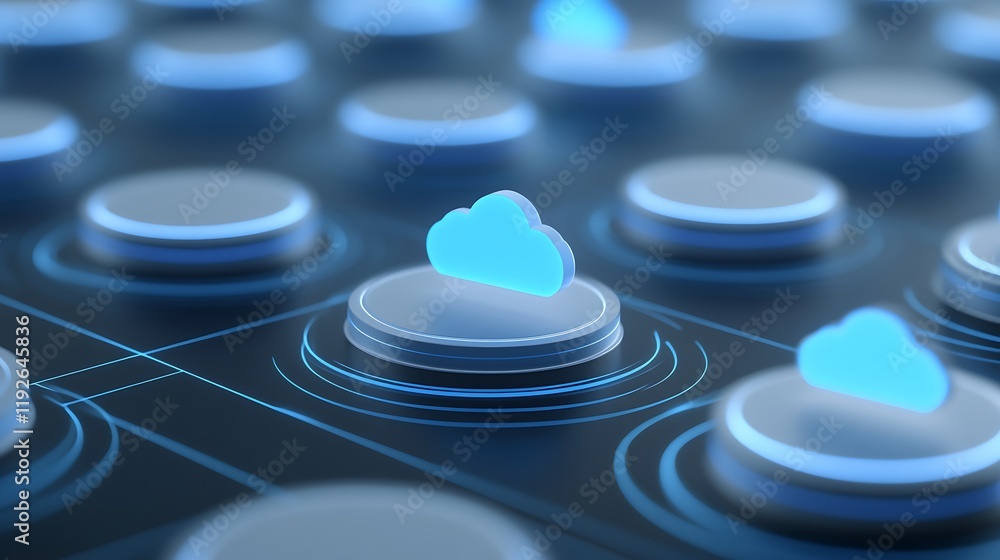 Poster digital representations of cloud technology with illuminated icons in a futuristic environment