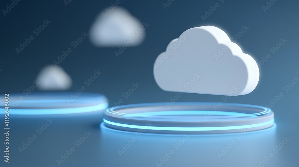 Poster elegant cloud icon floating above a futuristic circular base in a digital atmosphere with blue light