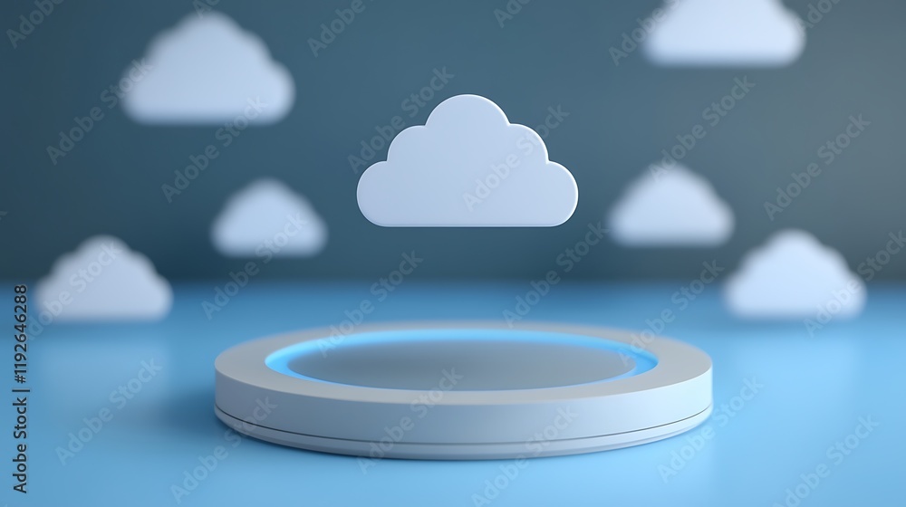 Poster floating cloud icons on circular platform with soft blue background in modern digital concept