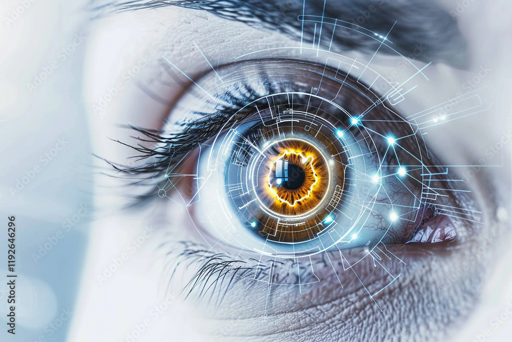 Poster human eye with futuristic cyber projection for virtual security and identity innovation - generative