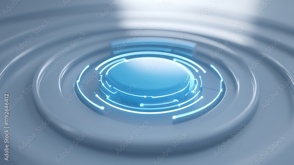 Poster futuristic abstract design with glowing circular patterns and central blue button on smooth surface