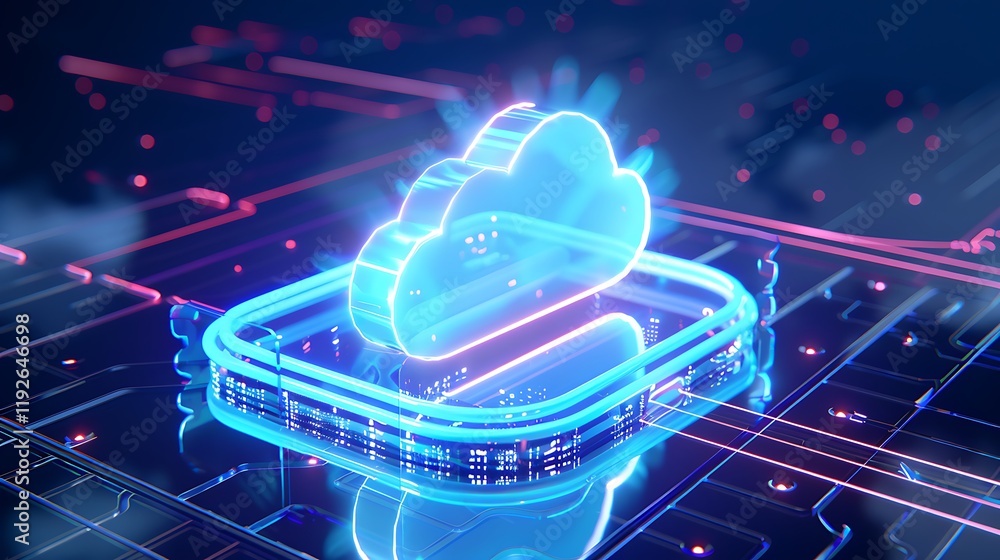 Poster futuristic cloud computing concept in neon glow with circuit board background and digital elements