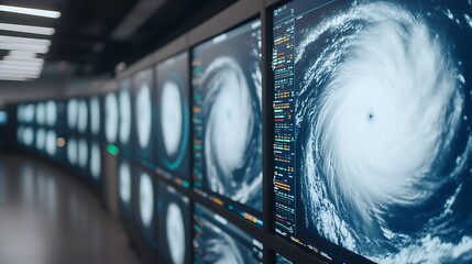 A series of screens displaying satellite images of a powerful hurricane, showcasing weather data and storm patterns.