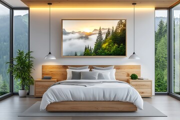Modern bedroom with mountain view tranquil atmosphere nature art minimalist design