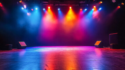 Colorful stage lights illuminate a performance area ready for an event