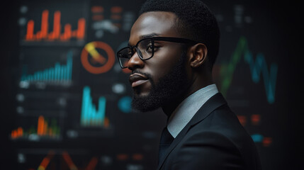 stylish businessman in black suit stands confidently against backdrop of colorful charts and graphs, embodying professionalism and analytical insight