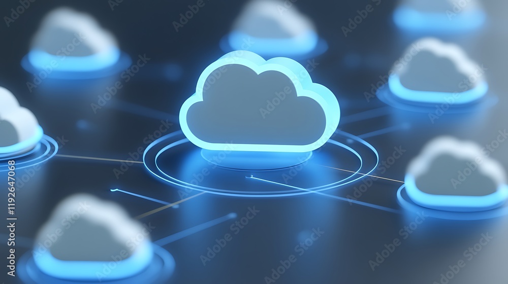 Poster futuristic cloud computing concept with connecting nodes for data sharing and digital innovation