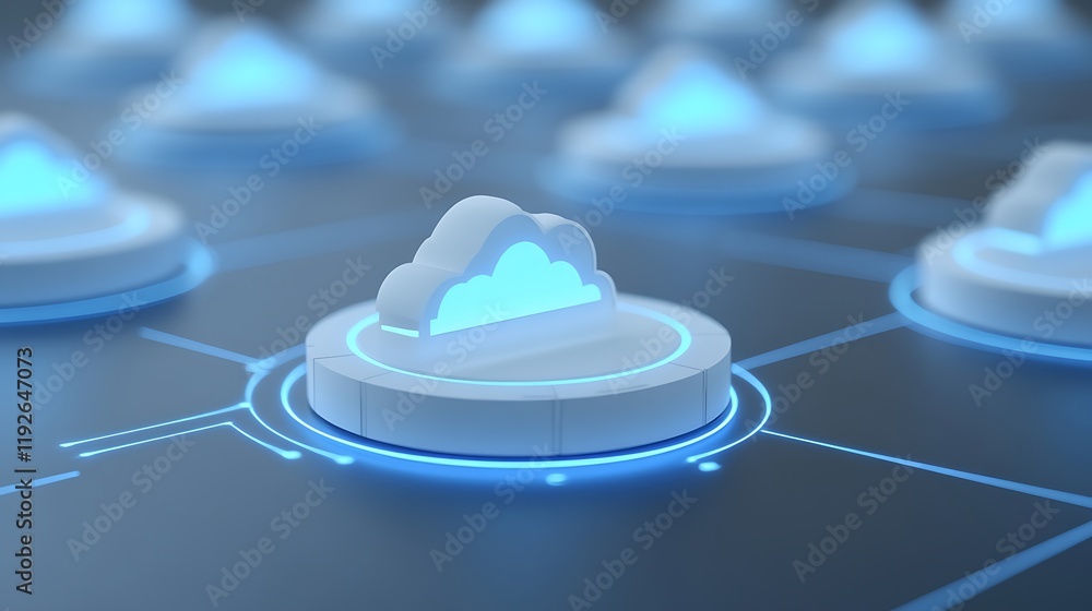 Poster futuristic cloud computing concept with cyber elements and glowing nodes representing digital networ