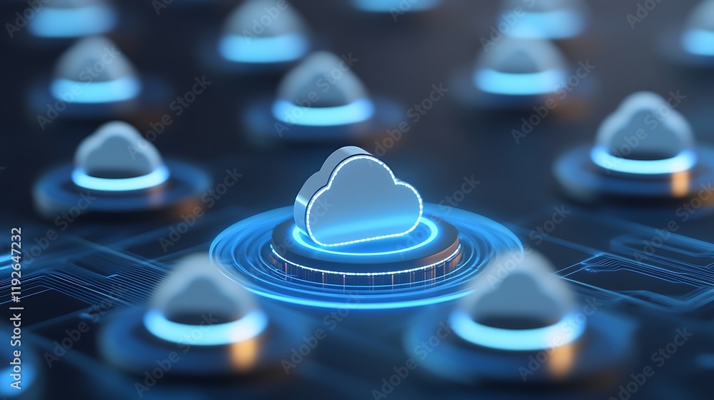 Poster futuristic cloud computing concept with digital circuits and glowing cloud icons on dark background
