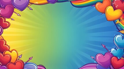 Whimsical Valentine's Day Frame with Cartoon-Style Heart Clouds, Cupids, and Rainbow Gradient Border