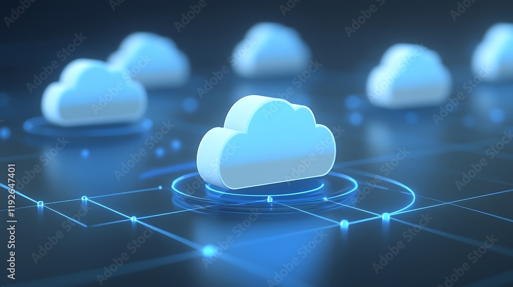 Poster futuristic cloud computing concept with digital network and 3d cloud symbols in data environment