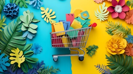 A colorful background highlighting a shopping cart loaded with sustainable products, symbolizing conscious consumerism during the Green Monday sale 