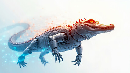 Fototapeta premium A robotic crocodile with glowing eyes and metallic body roams through a dreamlike landscape. The blend of technology and wildlife hints at a futuristic vision of nature.