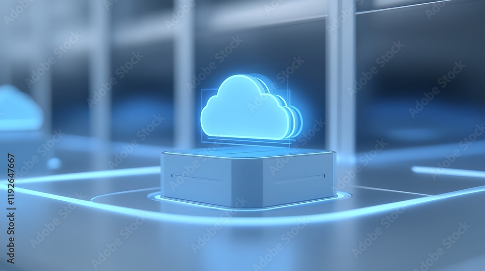 Poster futuristic cloud computing concept with glowing cloud icon and data storage interface background