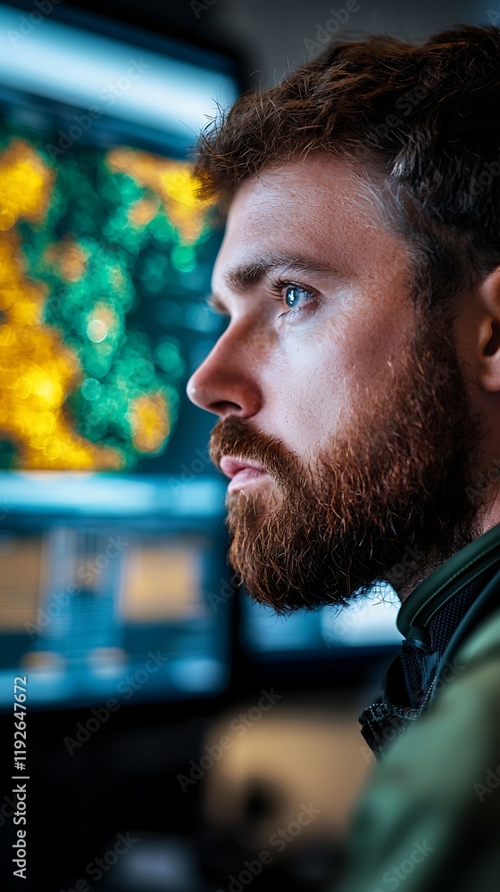 Poster a focused man observes colorful data visualizations on screens, highlighting a blend of technology a