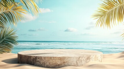 Fototapeta premium Summer vacation Beach Podium. Modern aesthetic sea and sand podium abstract scene. Empty stage minimalistic boho design background. Stand product showcase.