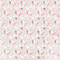 Delicate gray and pink floral seamless pattern with tiny hearts and branches—perfect for romantic fabric, vintage crafts, wrapping paper, and soft decor.