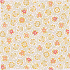 Retro floral seamless pattern with yellow and coral flowers on white—great for nostalgic fabric prints, vintage wallpaper, gift wrap, and craft projects.