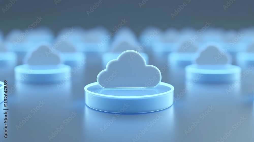 Poster futuristic cloud computing concept with glowing icons on circular platforms in soft blue tones