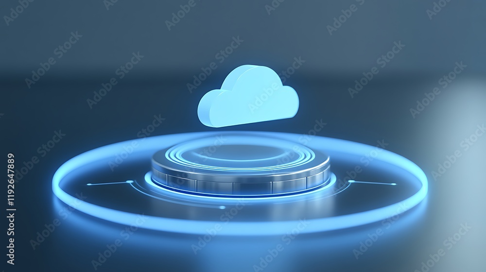 Poster futuristic cloud computing concept with holographic display and circular base design for technology 