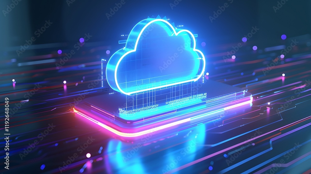 Poster futuristic cloud computing concept with neon digital elements and light trails for technology and da