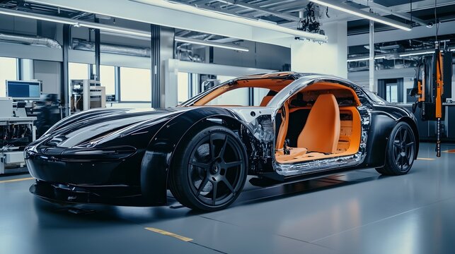 A high-performance car with parts made from lightweight composites, demonstrating enhanced speed and fuel efficiency due to material optimization 