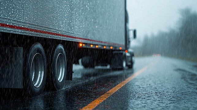 A truck drives through heavy rain on a slick road, showcasing the challenges of transportation in adverse weather conditions.