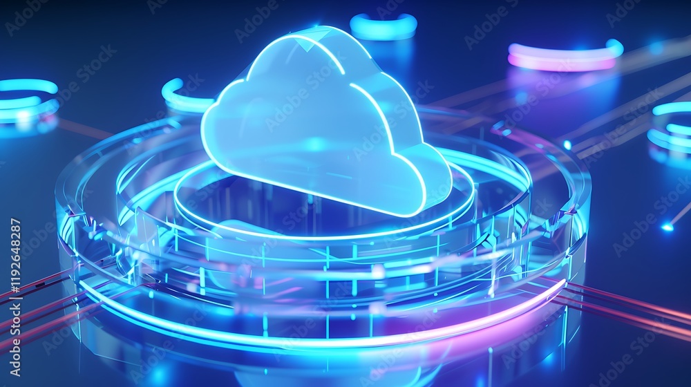 Poster futuristic cloud computing concept with neon lights and abstract circuits on dark background